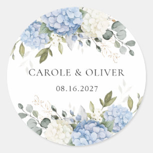 Elegante bloemige blauwe hortensia groen wedding ronde sticker