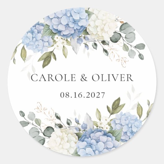 Elegante bloemige blauwe hortensia groen wedding ronde sticker (Voorkant)