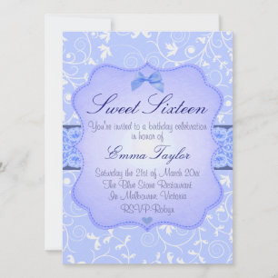 Elegante bloemige blauwe Sweet16 verjaardagsuitnod Kaart
