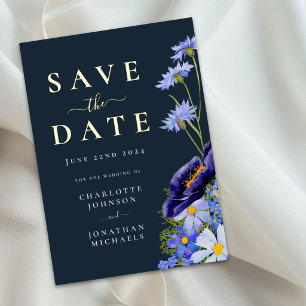 Elegante bloemige blauwe trouwkaart 'Save The Date Folie Uitnodiging Briefkaart