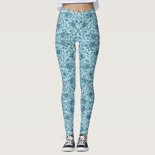 Elegante bloemige Blauwgroen damast Leggings (Voorkant)