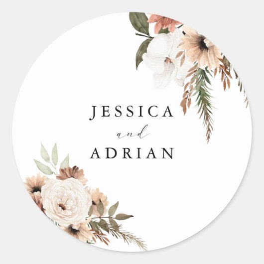 Elegante Bloemige Boho Bruiloft Ronde Sticker (Voorkant)