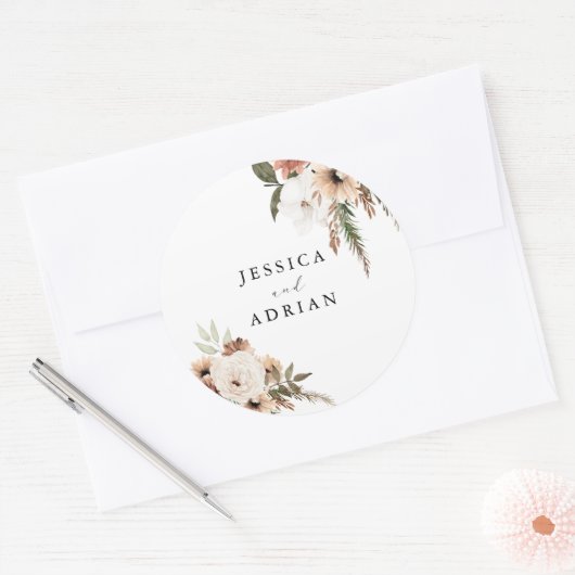Elegante Bloemige Boho Bruiloft Ronde Sticker (Envelop)