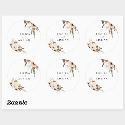 Elegante Bloemige Boho Bruiloft Ronde Sticker (Vel)