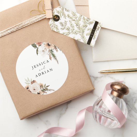 Elegante Bloemige Boho Bruiloft Ronde Sticker (Geschenken)
