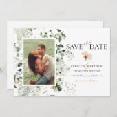 Elegante Bloemige Boho Groene Trouwfoto Save The Date (Voorkant / Achterkant)