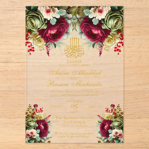 Elegante bloemige bordeauxrode rozen islamitische  acryl uitnodigingen