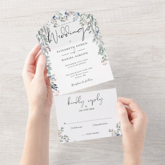 Elegante Bloemige Bruiloft met Script All In One Uitnodiging (Afscheurbaar)