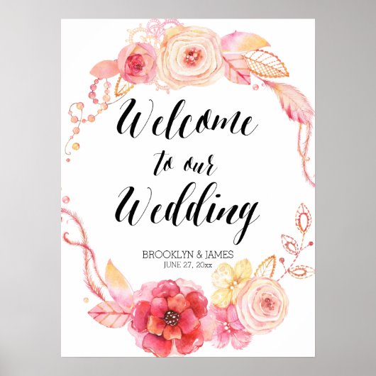 Elegante bloemige bruiloftsreceptie bordkrans poster (Voorkant)