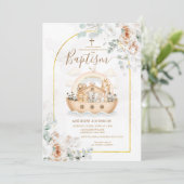 Elegante bloemige doop Noach Ark uitnodiging (Staand voorkant)