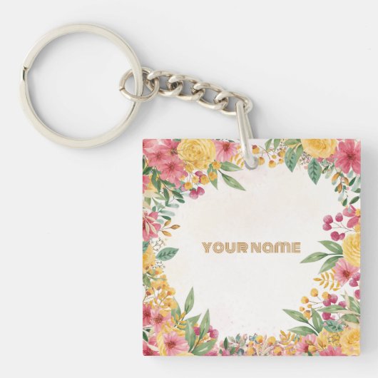 Elegante bloemige dubbele naam bruidsmeisjes bruil sleutelhanger (voorkant)