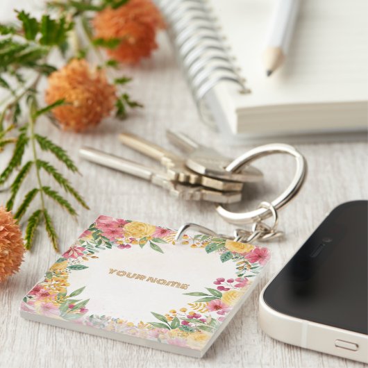 Elegante bloemige dubbele naam bruidsmeisjesfeest  sleutelhanger (Voorkant Rechts)