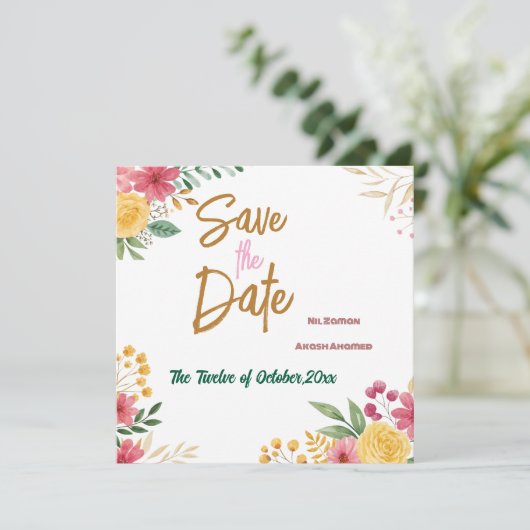 Elegante bloemige dubbele naam save the date (Staand voorkant)