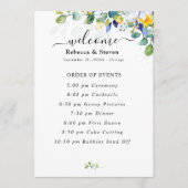 Elegante bloemige gele en blauwe waterverf bruilof programmakaart (Voorkant)