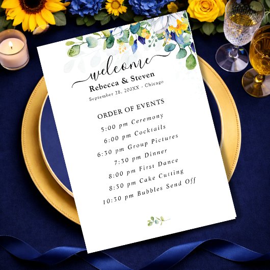 Elegante bloemige gele en blauwe waterverf bruilof programmakaart