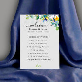 Elegante bloemige gele en blauwe waterverf bruilof programmakaart