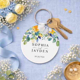 Elegante bloemige gele en blauwe waterverf bruilof sleutelhanger
