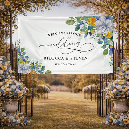 Elegante bloemige gele witte blauwe huwelijksbegro spandoek