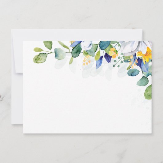 Elegante bloemige gele witte blauwe trouwdag bedankkaart (Achterkant)