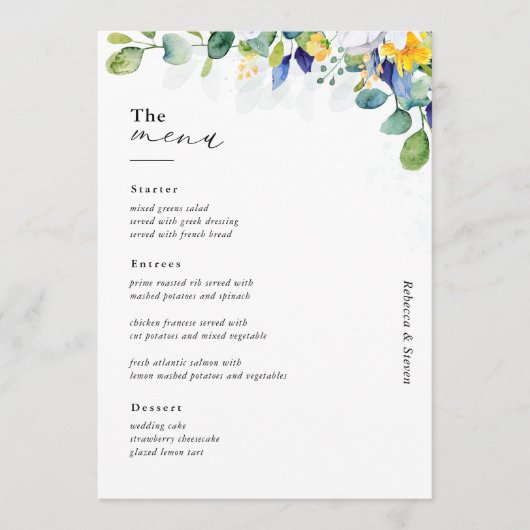 Elegante bloemige gele witte blauwe trouwfeest menu (Voorkant)