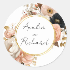 Elegante bloemige gepersonaliseerde trouwsticker ronde sticker