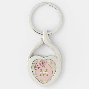 Elegante bloemige gouden monogram hart, naam & ini sleutelhanger