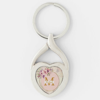 Elegante bloemige gouden monogram hart, naam & ini sleutelhanger