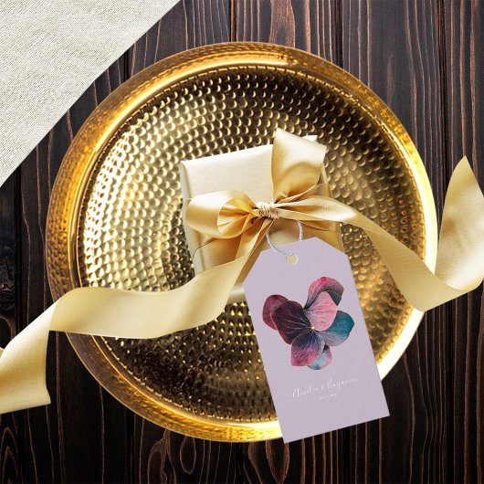 Elegante bloemige gouden paarse Hydrangea's Bruilo Cadeaulabel