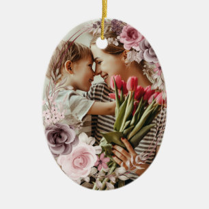 Elegante bloemige groene kerst 2 foto  keramisch ornament