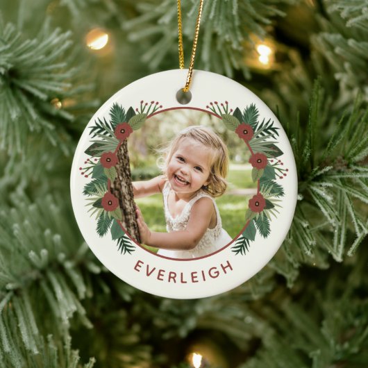 Elegante bloemige groene kerst 2 foto kinderen keramisch ornament (Boom)