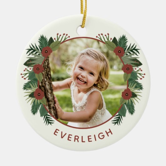 Elegante bloemige groene kerst 2 foto kinderen keramisch ornament (Voorkant)
