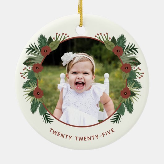 Elegante bloemige groene kerst 2 foto kinderen keramisch ornament (Achterkant)