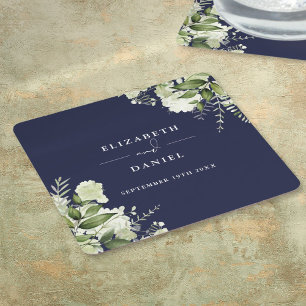 Elegante bloemige groene Navy blauwe trouw Kartonnen Onderzetters