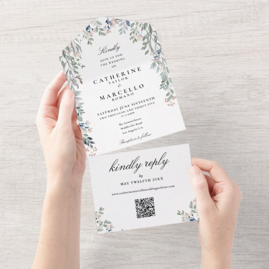 Elegante Bloemige Groene QR Code Huwelijk All In One Uitnodiging (Afscheurbaar)