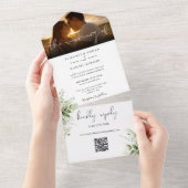 Elegante Bloemige Groene QR-code Trouwfoto All In One Uitnodiging (Afscheurbaar)