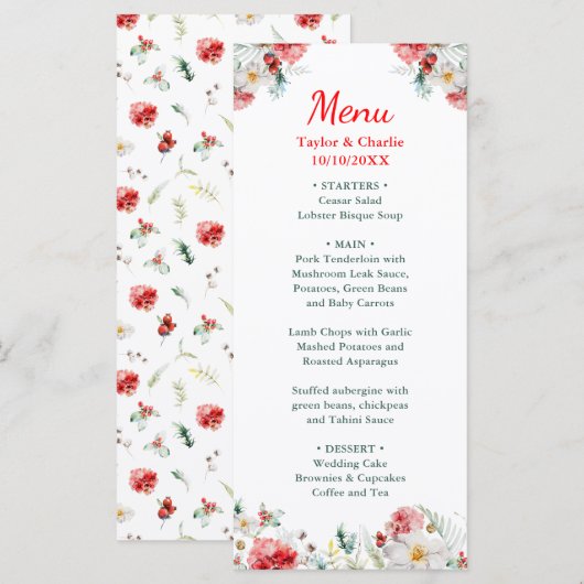 Elegante Bloemige Groene Winterbruiloft Menu (Voorkant / Achterkant)