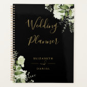 Elegante Bloemige Groene Zwart En Gouden Bruiloft Planner (Voorkant)