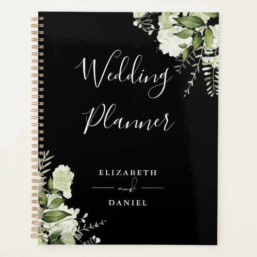 Elegante Bloemige Groene Zwart-Wit Huwelijk Planner (Voorkant)