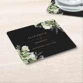 Elegante Bloemige Groene Zwarte En Gouden Bruiloft Kartonnen Onderzetters (Schuin)