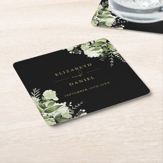 Elegante Bloemige Groene Zwarte En Gouden Bruiloft Kartonnen Onderzetters (Schuin)