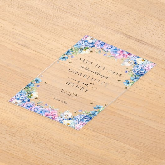 Elegante Bloemige Hortensia Moderne Save The Date Acryl Uitnodigingen (Laagn)