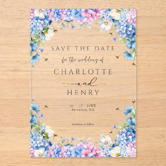 Elegante Bloemige Hortensia Moderne Save The Date Acryl Uitnodigingen (Voorkant)