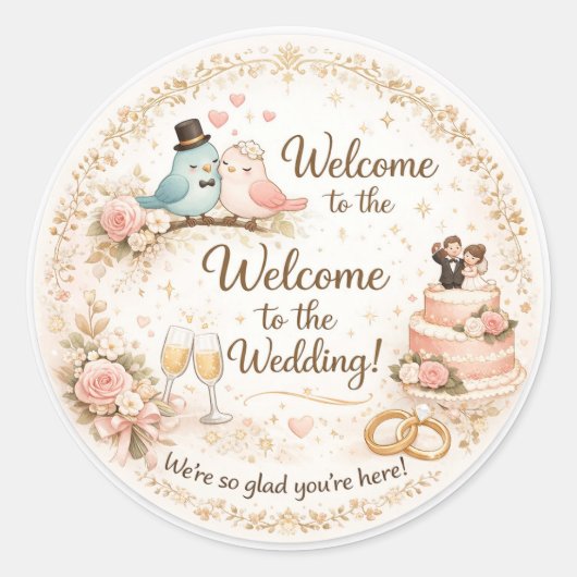 Elegante bloemige huwelijks-welkomststicker ronde sticker (Voorkant)