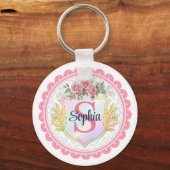 Elegante Bloemige Initiaal & Naam Monogram Sleutelhanger (Voorkant)