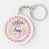Elegante Bloemige Initiaal & Naam Monogram Sleutelhanger (Achterkant)