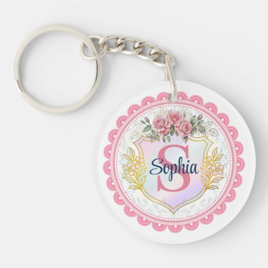 Elegante Bloemige Initiaal & Naam Monogram Sleutelhanger (Voorkant)
