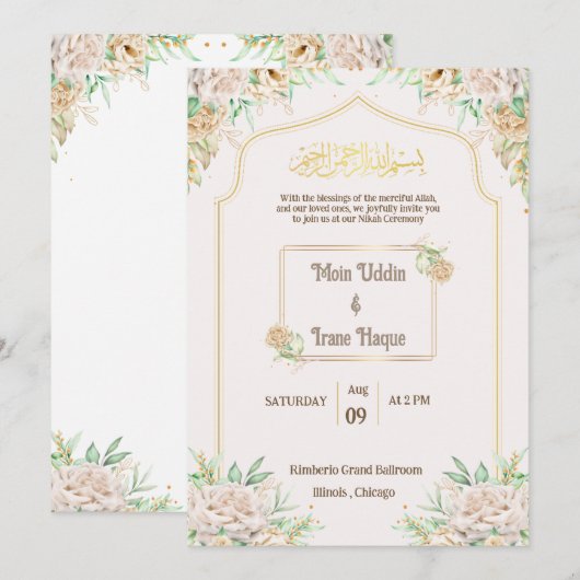 Elegante bloemige islamitische nikah-uitnodiging kaart (Voorkant / Achterkant)