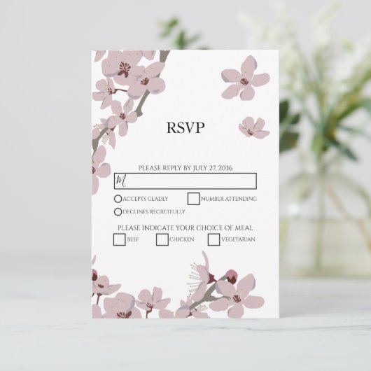 Elegante bloemige kersenbloesem bruiloft RSVP-kaar RSVP Kaartje (Staand voorkant)