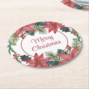 Elegante Bloemige Kerst Huwelijk Rode Poinsettia Ronde Kartonnen Onderzetter