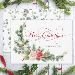 Elegante bloemige Kerstmis-calliografie Feestdagenkaart